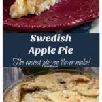 Two photo collage of a slice of apple pie on a red plate above a whole pie