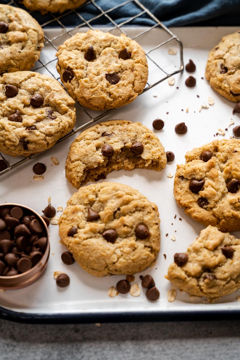 The best Oatmeal Chocolate Chip Cookies ever! On a cooling rack.