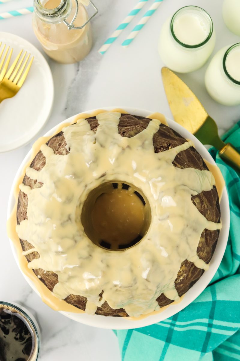 Top-down view of a glazed chocolate stout bundt cake - Hostess At Heart