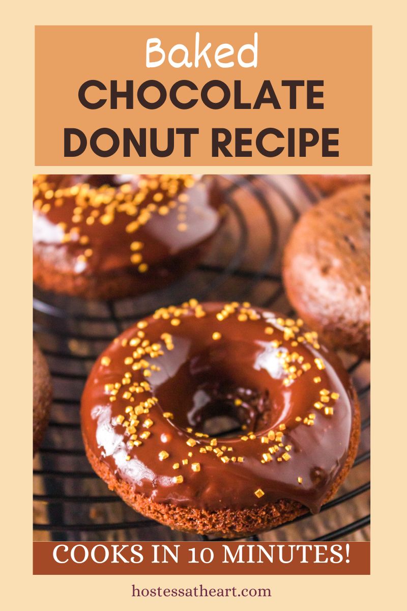 An image for Pinterest of a chocolate frosted donut with sprinkles - Hostess At Heart